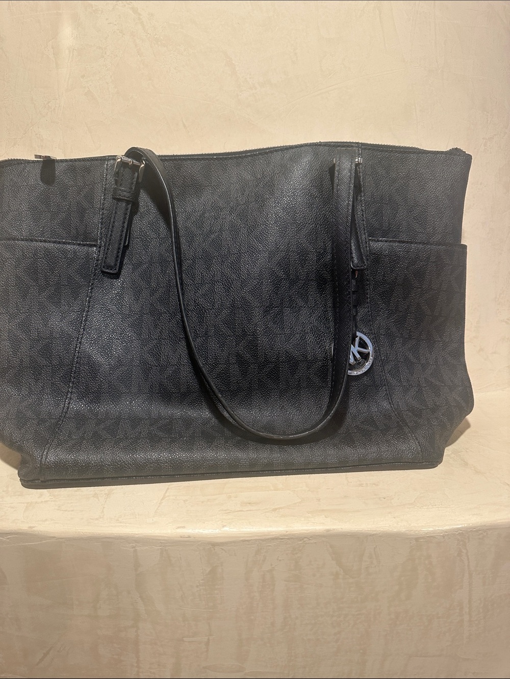 Michael Kors Black MK Logo Tote with Silver Charm